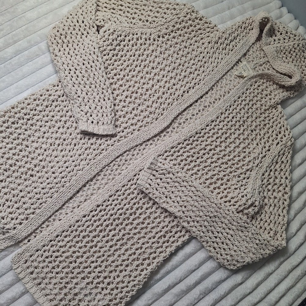 Loose Open Crochet Hooded‎ Cardigan Sweater Womens M Oatmeal Coastal Beachy